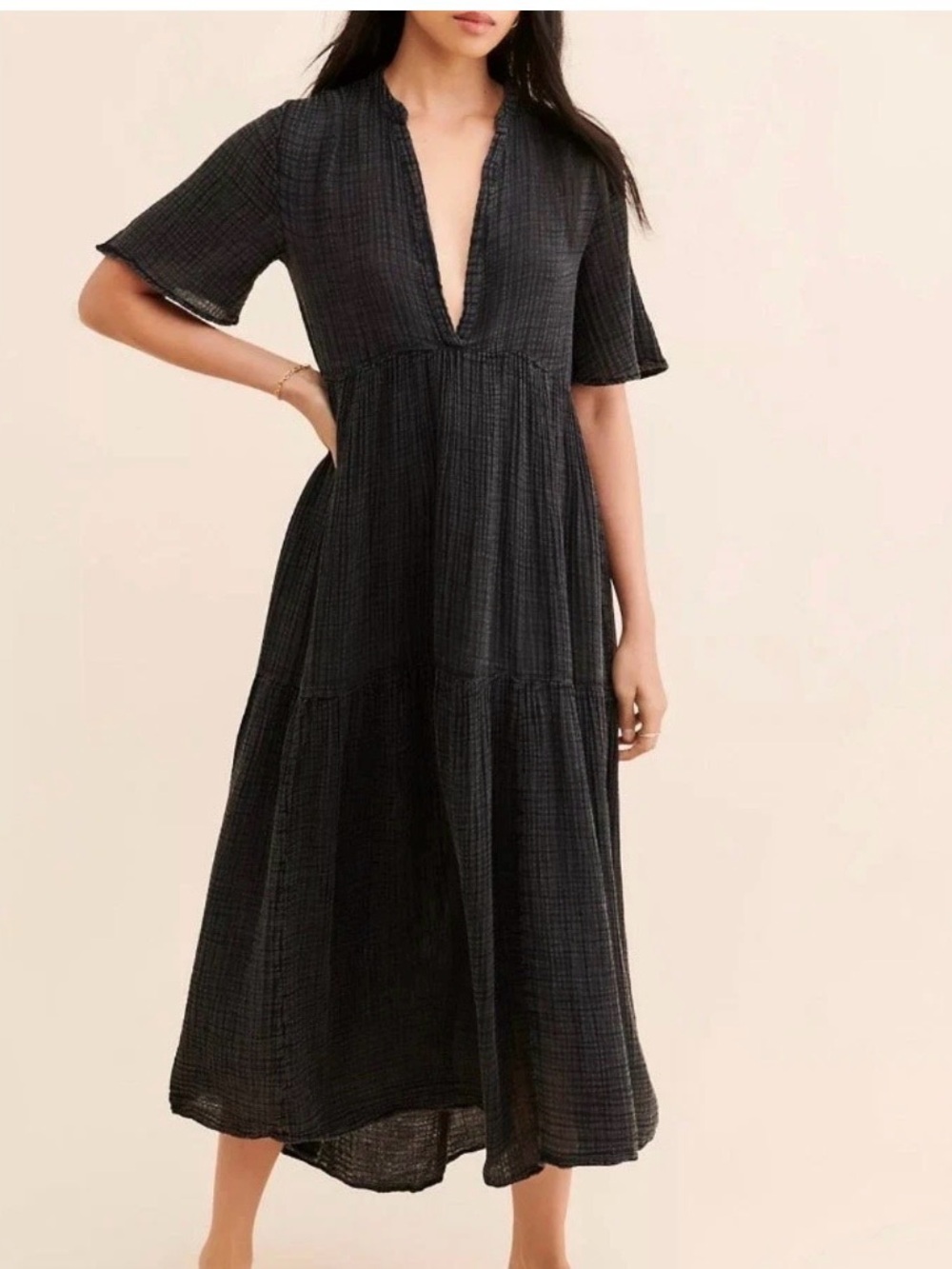 Anthropologie Black Gauze Maxi Dress with Plunging V-Neck